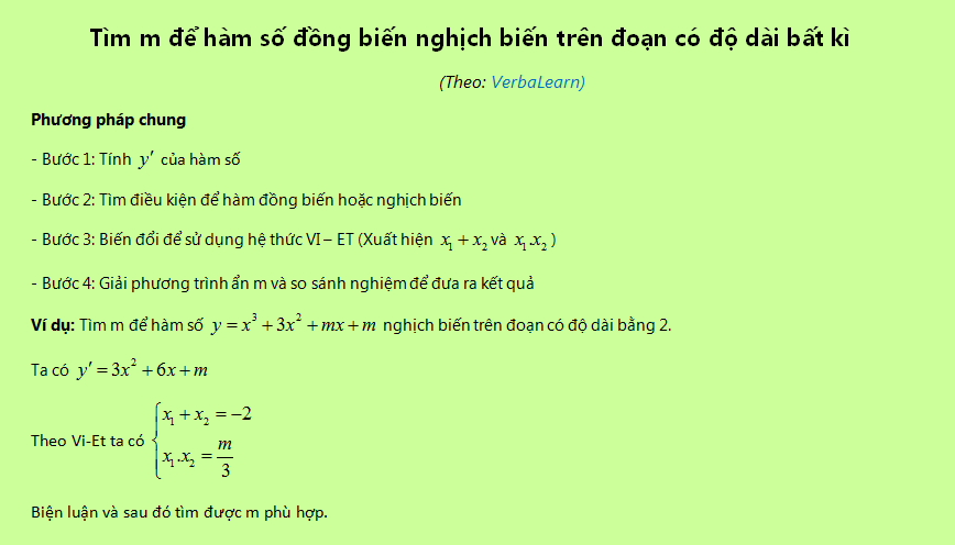 Tìm m để hàm số đồng biến nghịch biến trên đoạn có độ dài